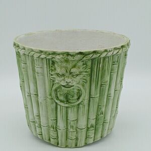 VTG PALE GREEN PLANTER LIONS HEAD w/ Ring Bamboo Stalks Braided Made In Italy
